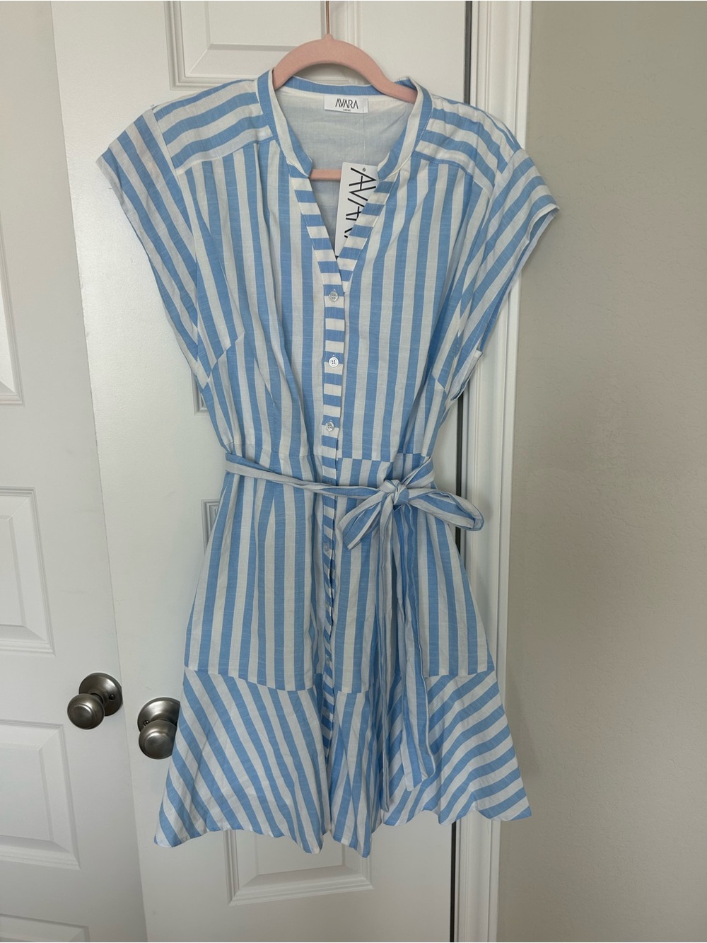 The Erika dress from Avara Boutique - Blue & White Striped Tie-Waist Mini Dress